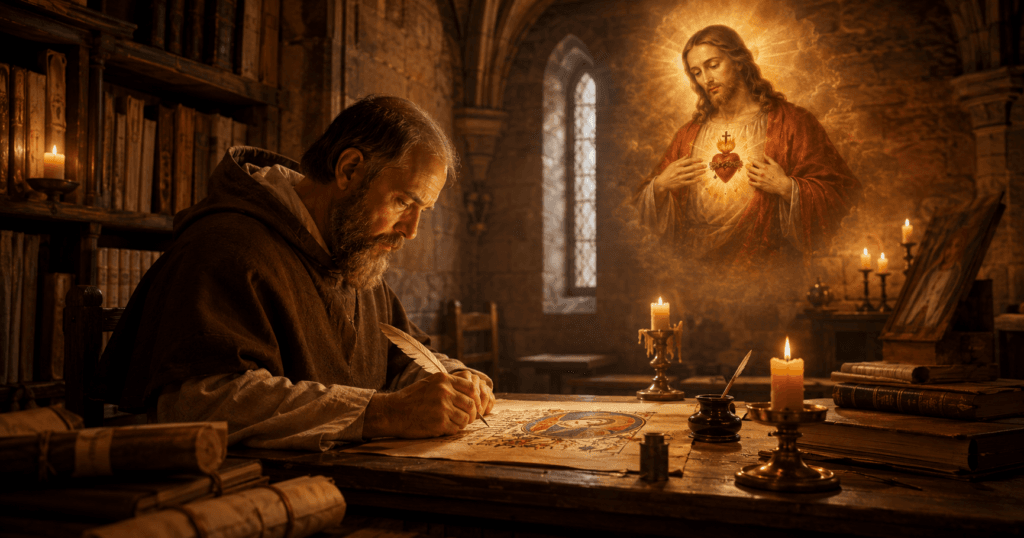 Monge medieval escrevendo hino ao Sagrado Coração — século XIII