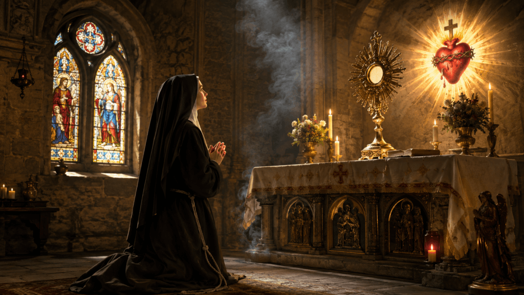 Santa Clara de Assis em adoração eucarística — devoção ao Sagrado Coração na Idade Média
