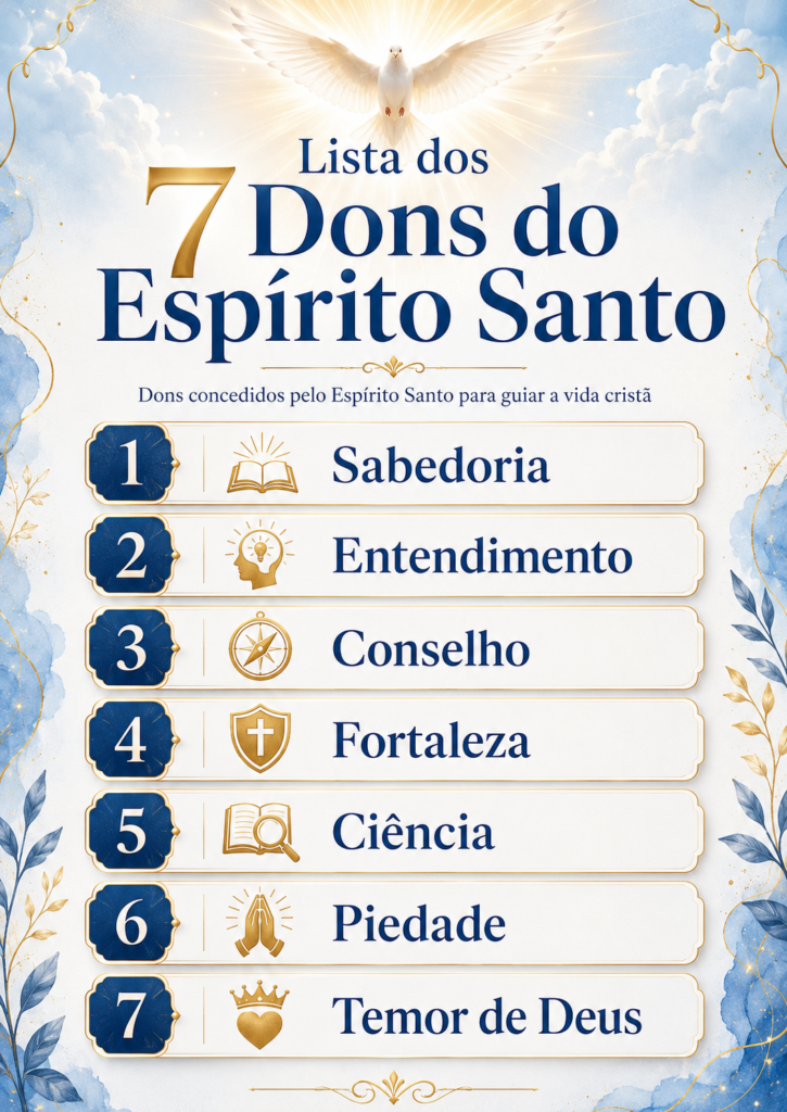 Lista dos 7 dons do Espírito Santo: sabedoria, entendimento, conselho, fortaleza, ciência, piedade e temor de Deus
