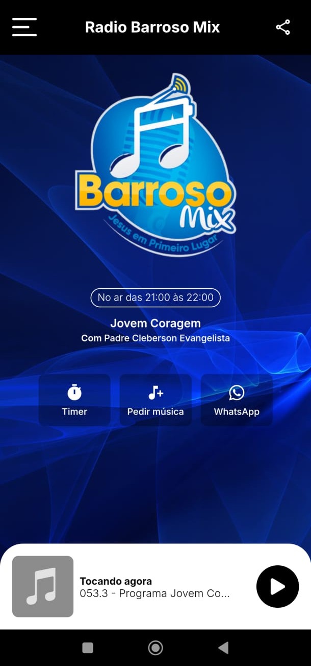 Tela inicial do aplicativo Rádio Barroso Mix