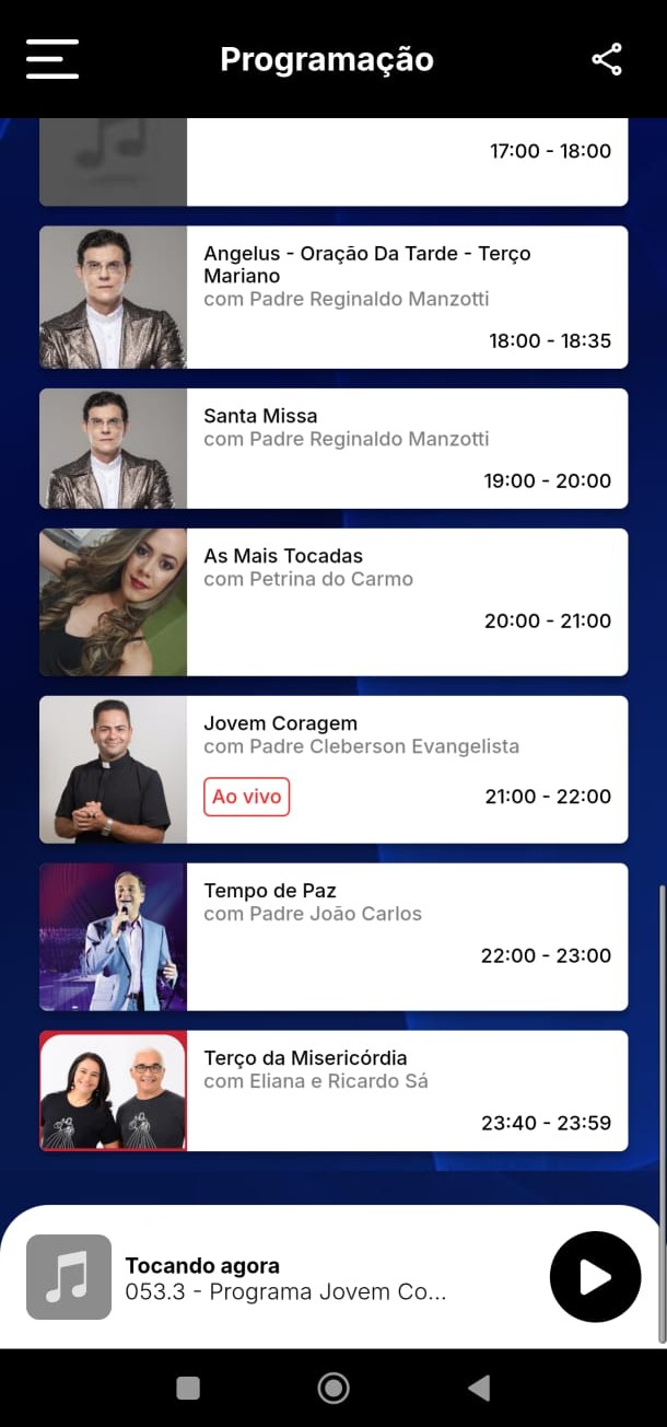 Programação do aplicativo Rádio Barroso Mix
