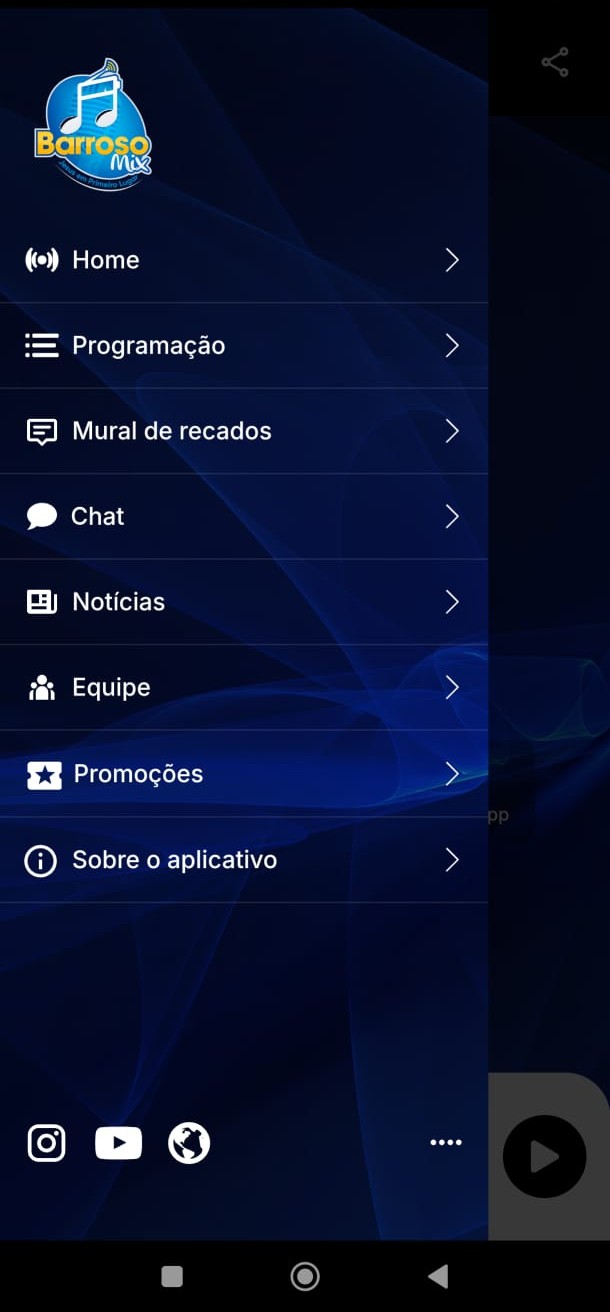 Menu do aplicativo Rádio Barroso Mix