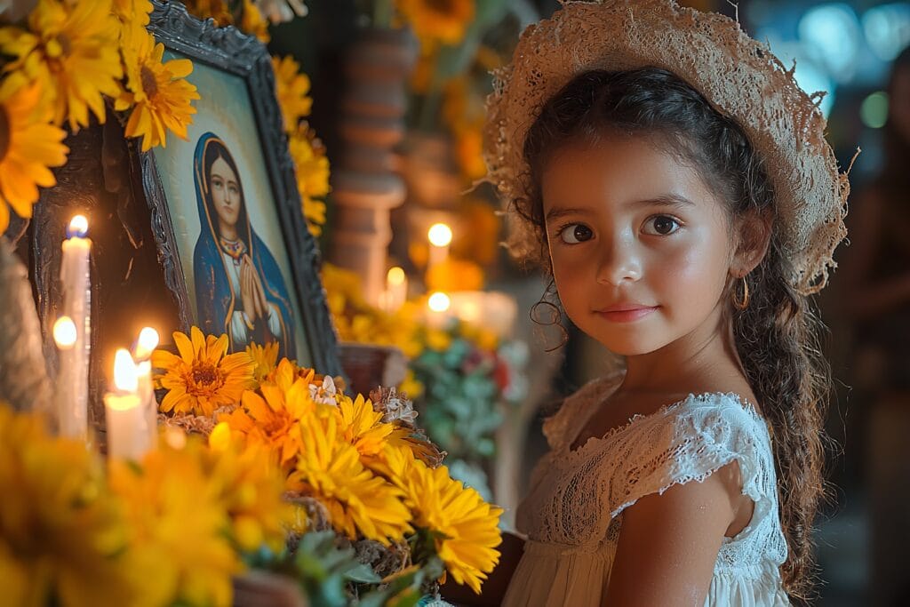 Criança conhecendo Nossa Senhora antes de rezar o rosário